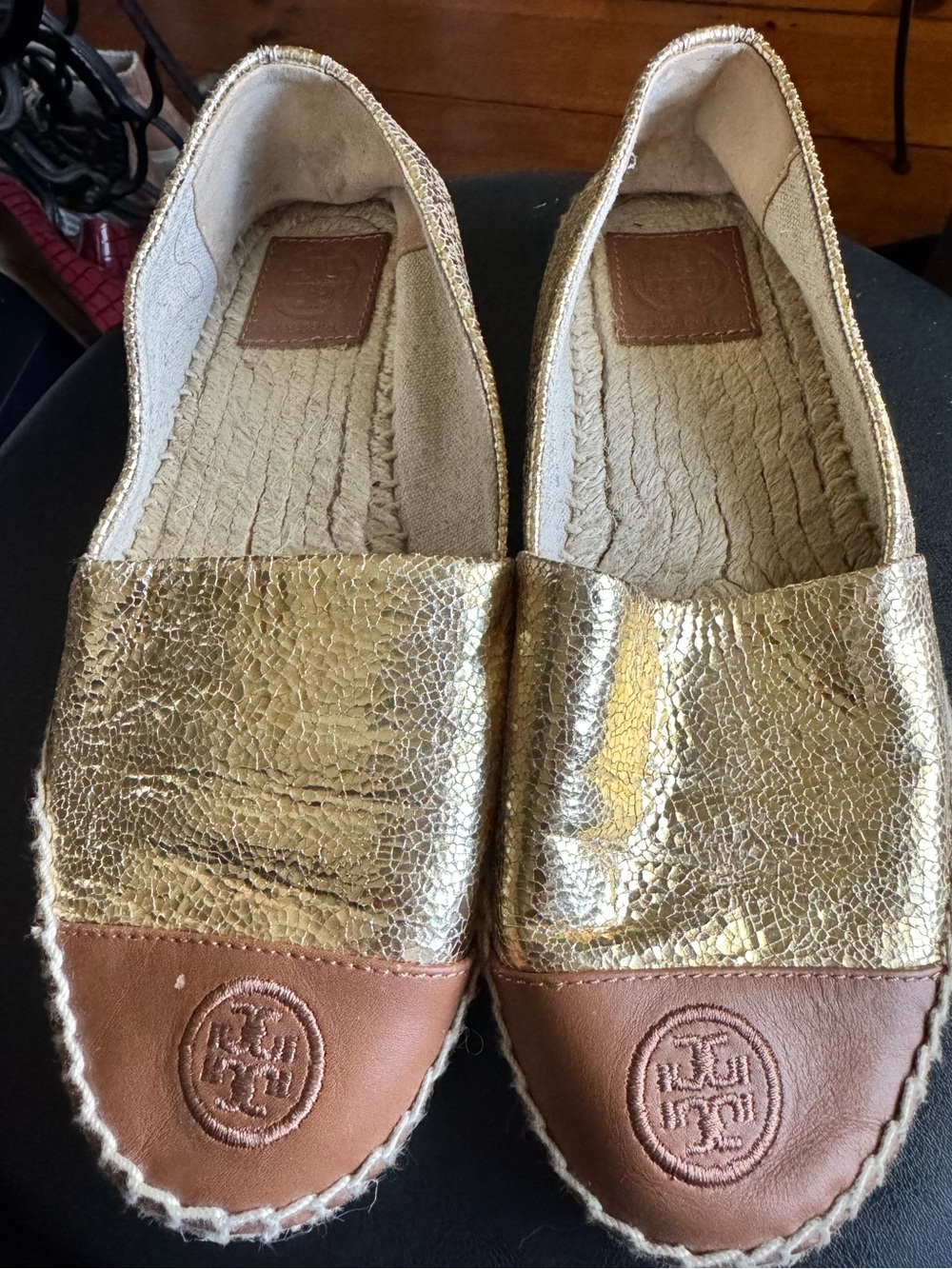Tory Burch Gold and Brown Metallic Leather Espadrilles
